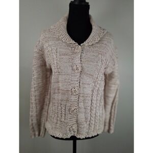 Tivoli Womens Linen Cotton Cable Knit Cardigan Sweater Shawl Collar Tan Cream M